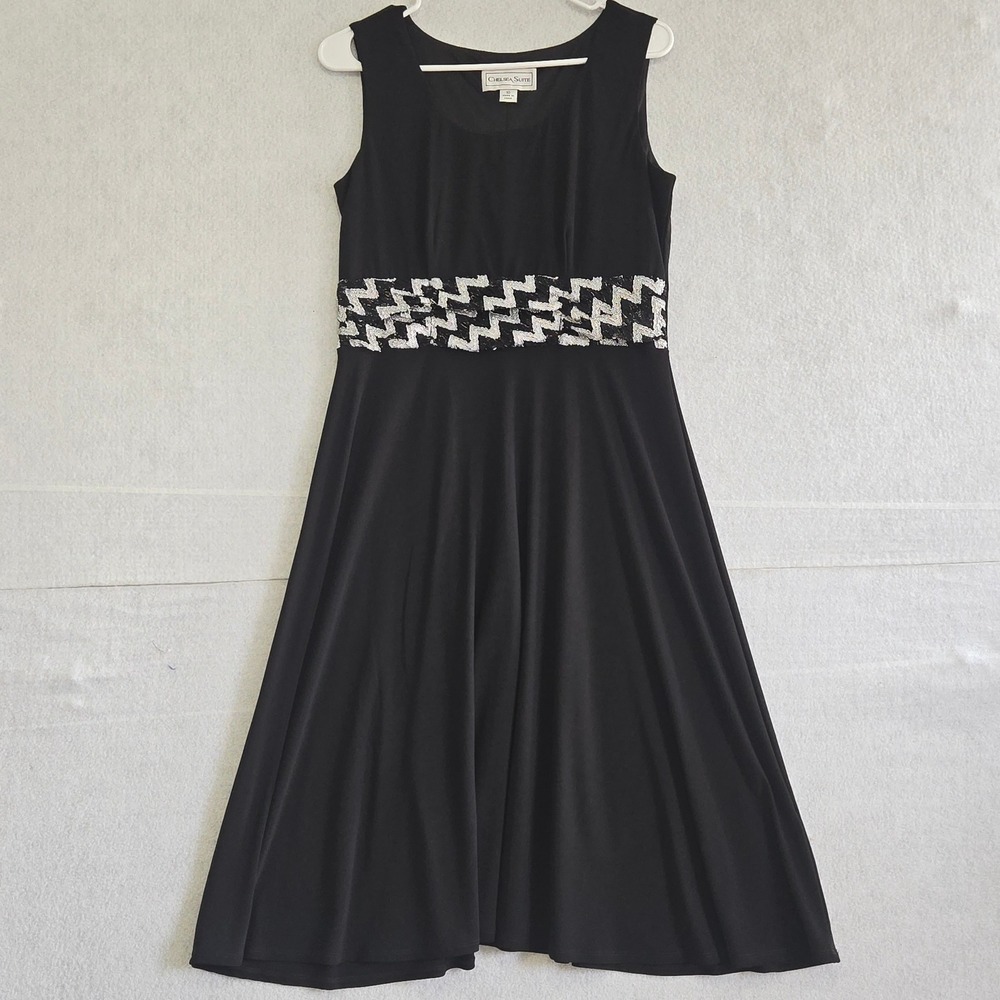 Chelsea Suite Women Dress Size 10 Black Sequin Waist Zigzag Sleeveless Midi B398